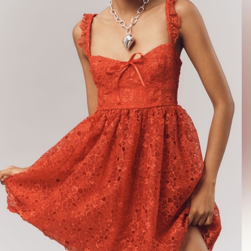 By Anthropologie Ruffle Strap Corset Lace Mini Dress in Red NWT